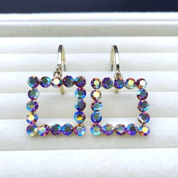 Yellow Gold with Iridescent AB Crystal Dangling Square and Hoop Post Earrings - Picture 4 of 10